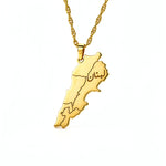Gold plated Lebanon map necklace with Arabic engraving on the pendant and a detailed chain by KIRO UK for celebrating Lebanese heritage and pride