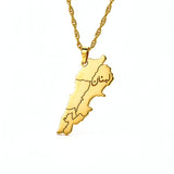 Gold plated Lebanon map necklace with Arabic engraving on the pendant and a detailed chain by KIRO UK for celebrating Lebanese heritage and pride