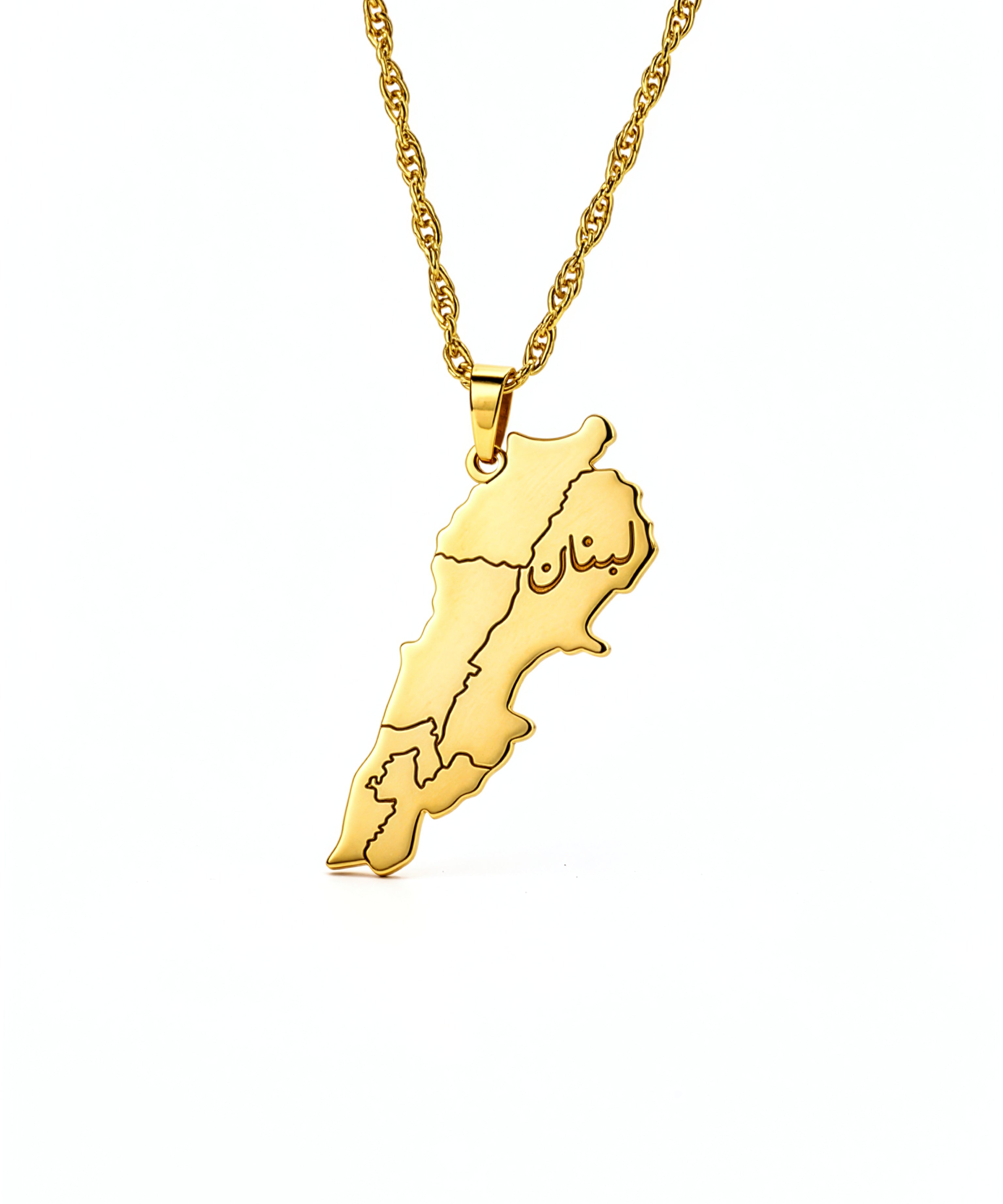 Gold plated Lebanon map necklace with Arabic engraving on the pendant and a detailed chain by KIRO UK for celebrating Lebanese heritage and pride