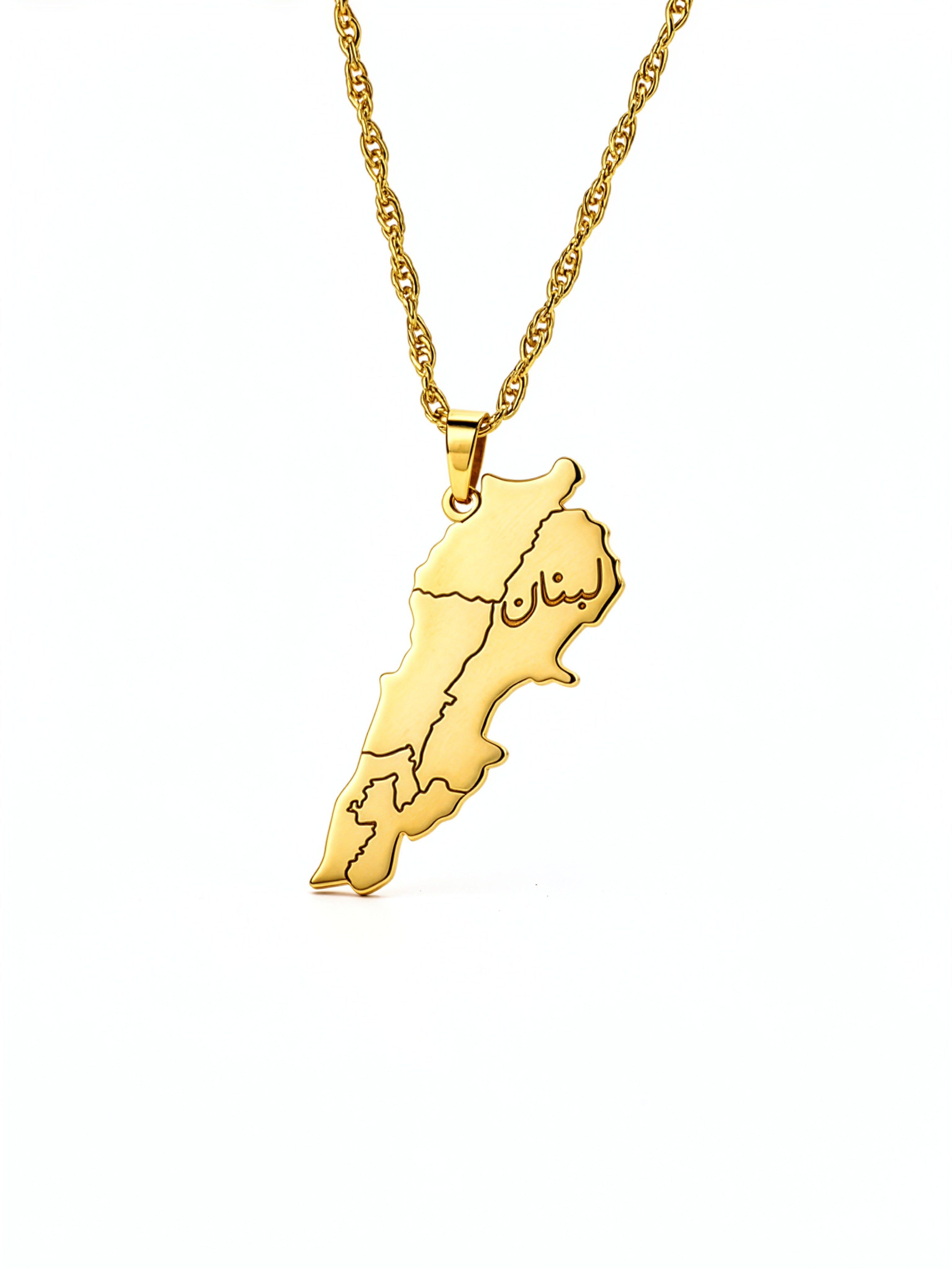Gold plated Lebanon map necklace with Arabic engraving on the pendant and a detailed chain by KIRO UK for celebrating Lebanese heritage and pride