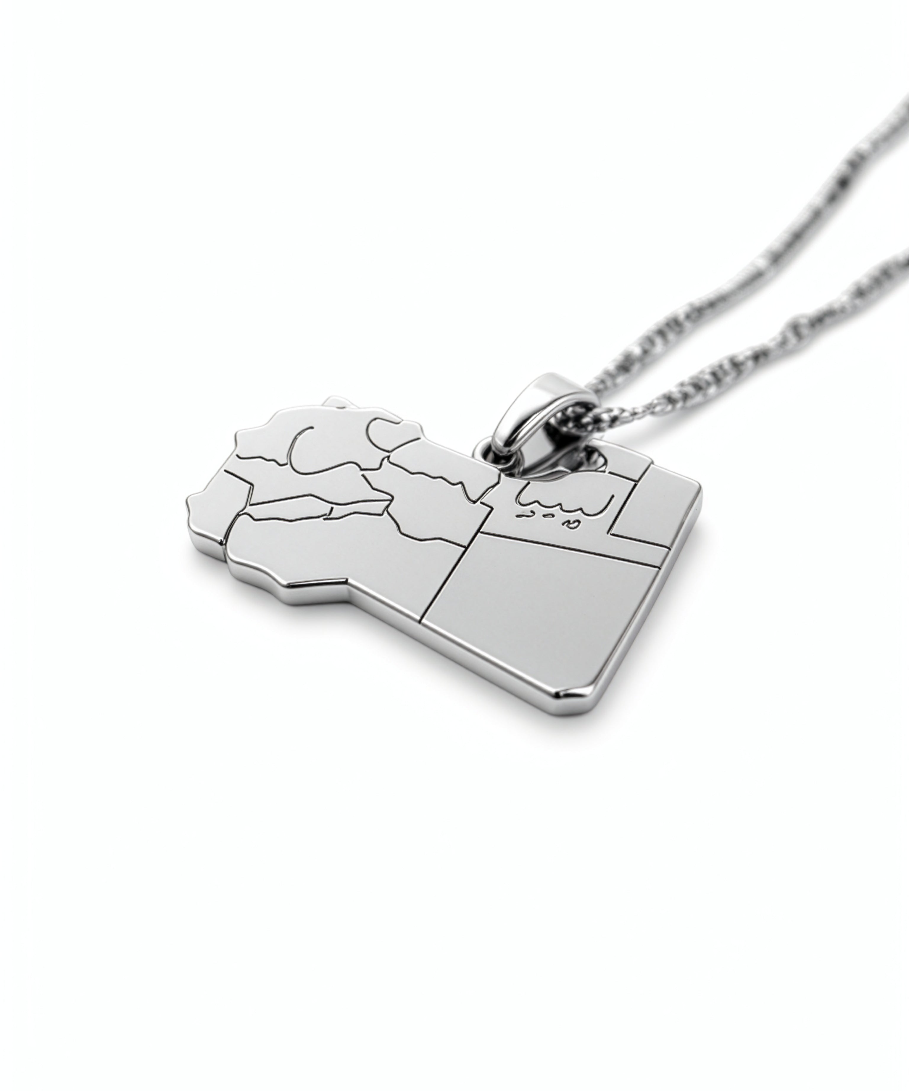 Silver plated Libya map necklace pendant with Arabic engraving on a chain celebrating North African heritage by KIRO UK