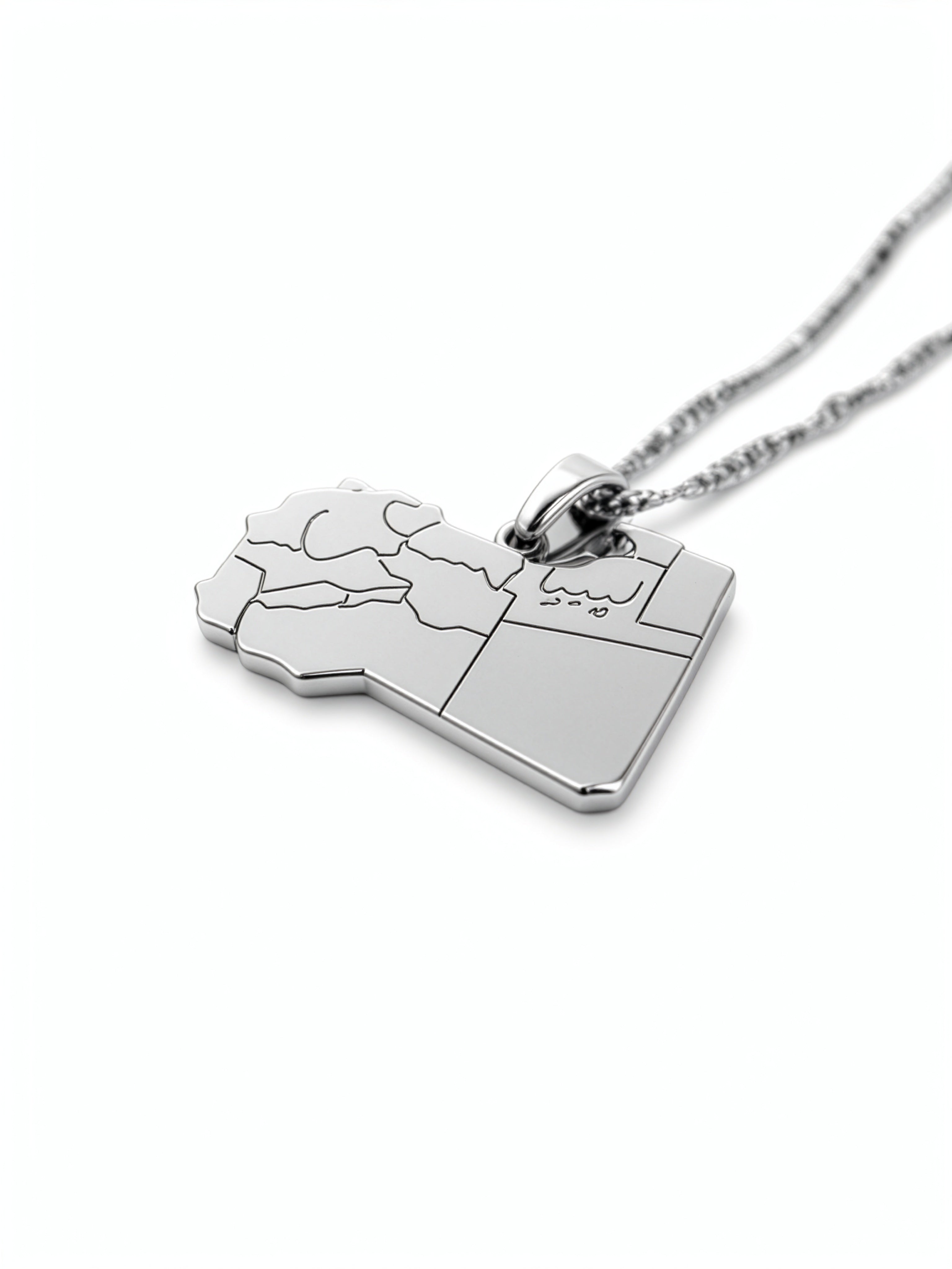 Silver plated Libya map necklace pendant with Arabic engraving on a chain celebrating North African heritage by KIRO UK