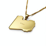 18K gold plated Libya map necklace by KIRO UK with a polished pendant engraved KIRO on a chain celebrating Libyan heritage