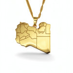 Gold plated Libya map necklace with Arabic engraving on the pendant, suspended from a textured chain and designed to celebrate Libyan heritage with pride