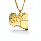 Gold plated Libya map necklace with Arabic engraving on the pendant, suspended from a textured chain and designed to celebrate Libyan heritage with pride