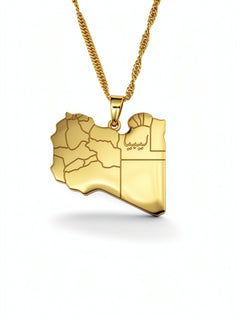 Gold plated Libya map necklace with Arabic engraving on the pendant, suspended from a textured chain and designed to celebrate Libyan heritage with pride