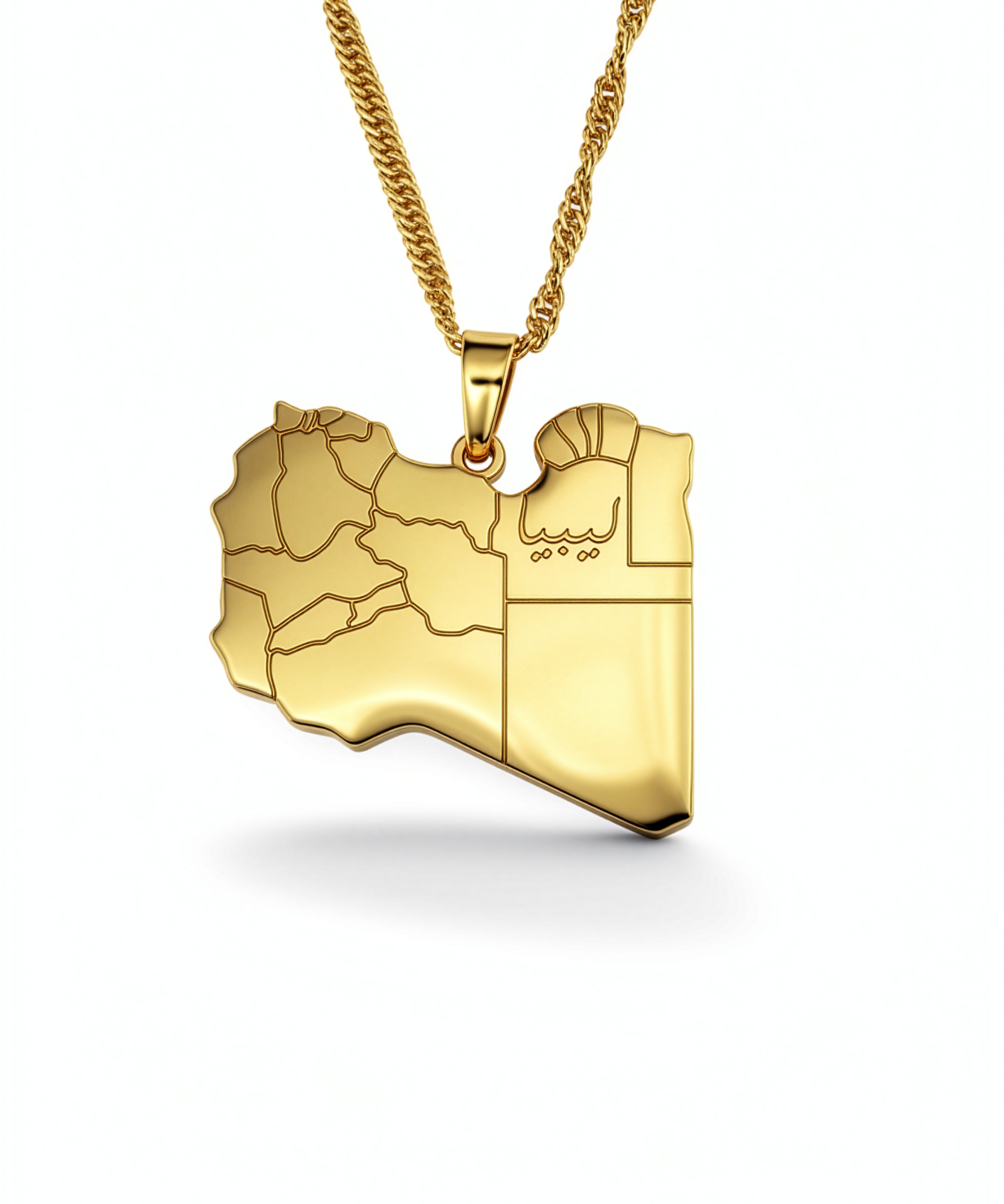 Gold plated Libya map necklace with Arabic engraving on the pendant, suspended from a textured chain and designed to celebrate Libyan heritage with pride