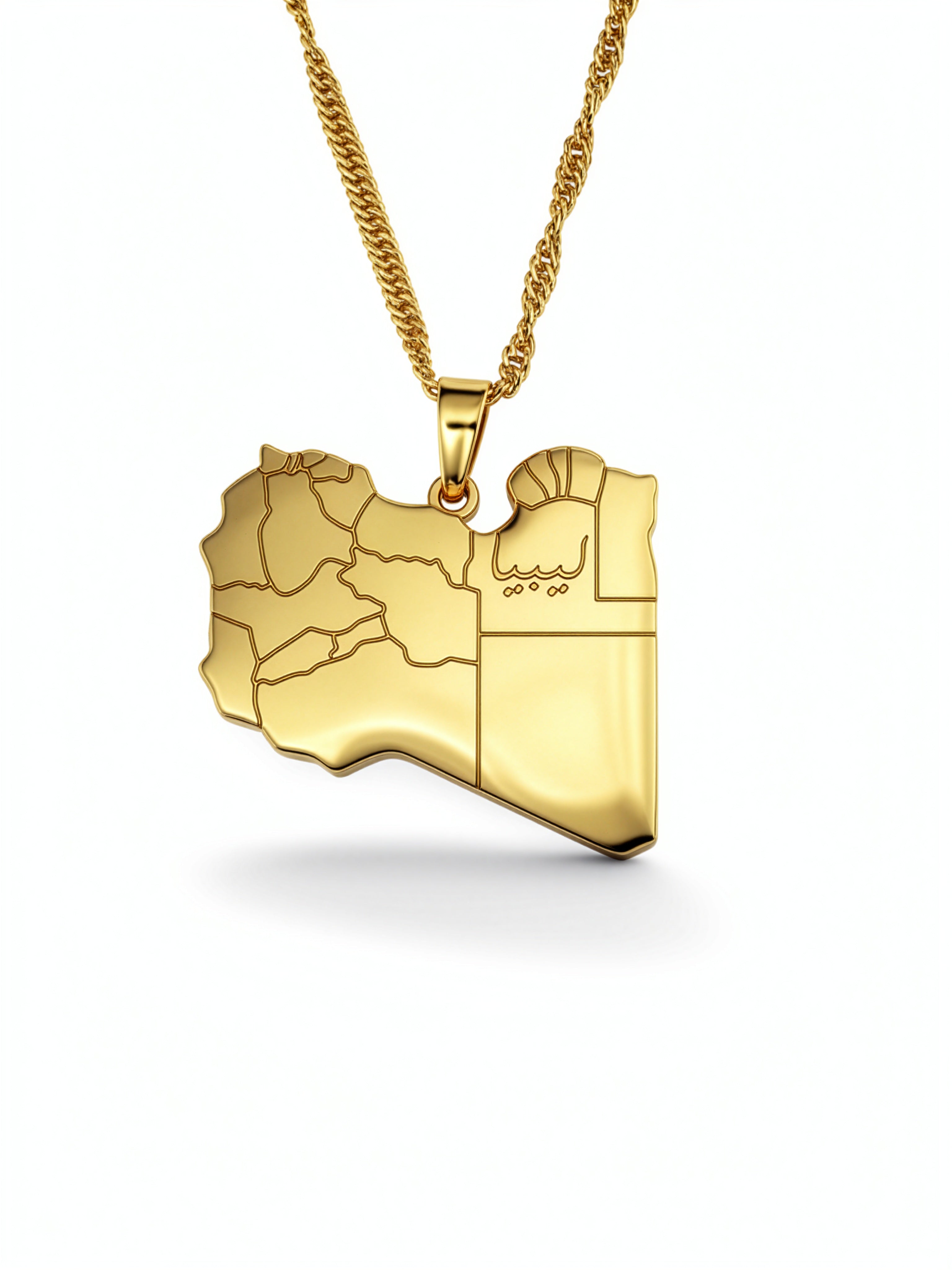 Gold plated Libya map necklace with Arabic engraving on the pendant, suspended from a textured chain and designed to celebrate Libyan heritage with pride