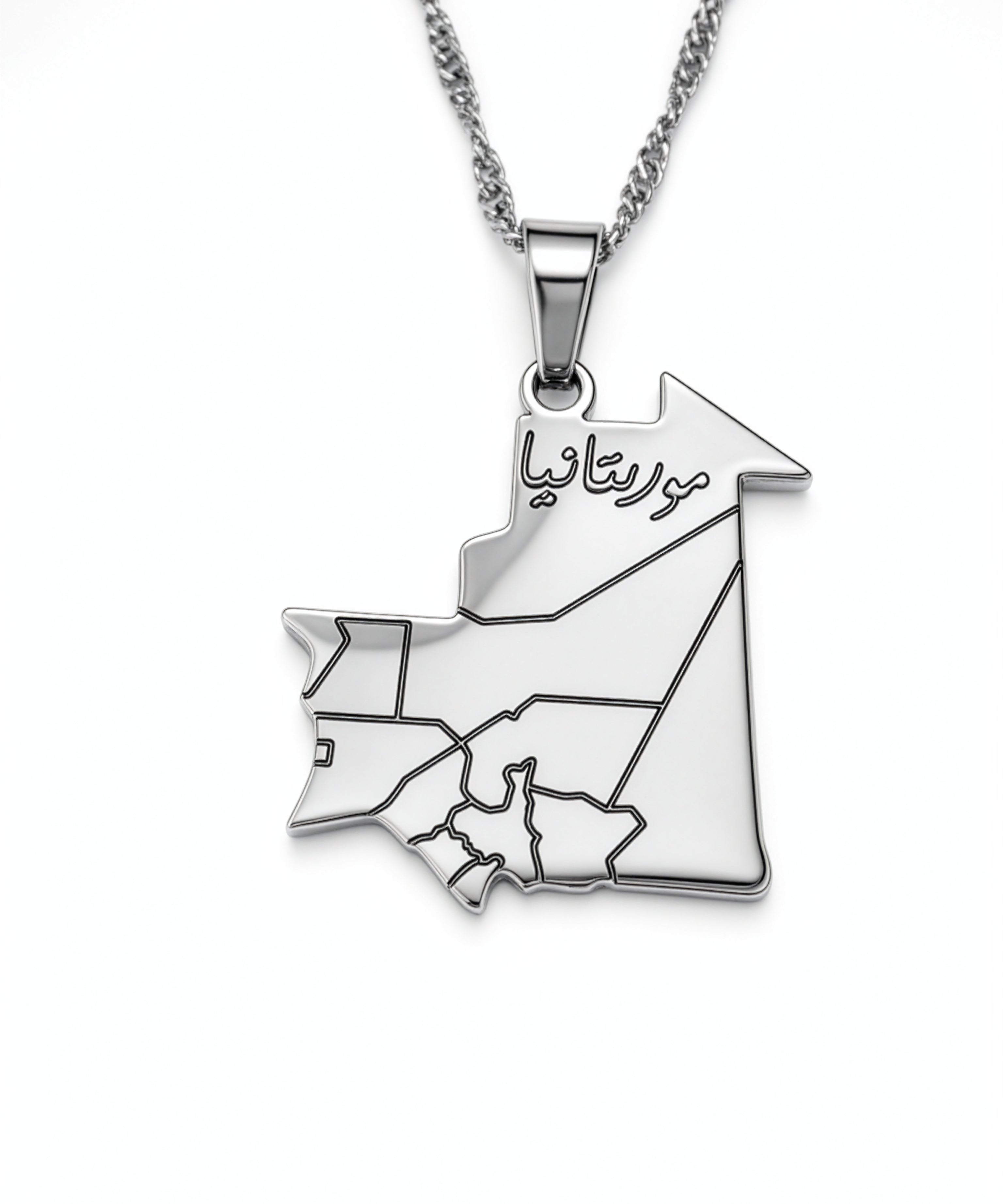 Silver plated Mauritania map necklace with Arabic engraving on the pendant and a linked chain from KIRO UK for proud cultural wear