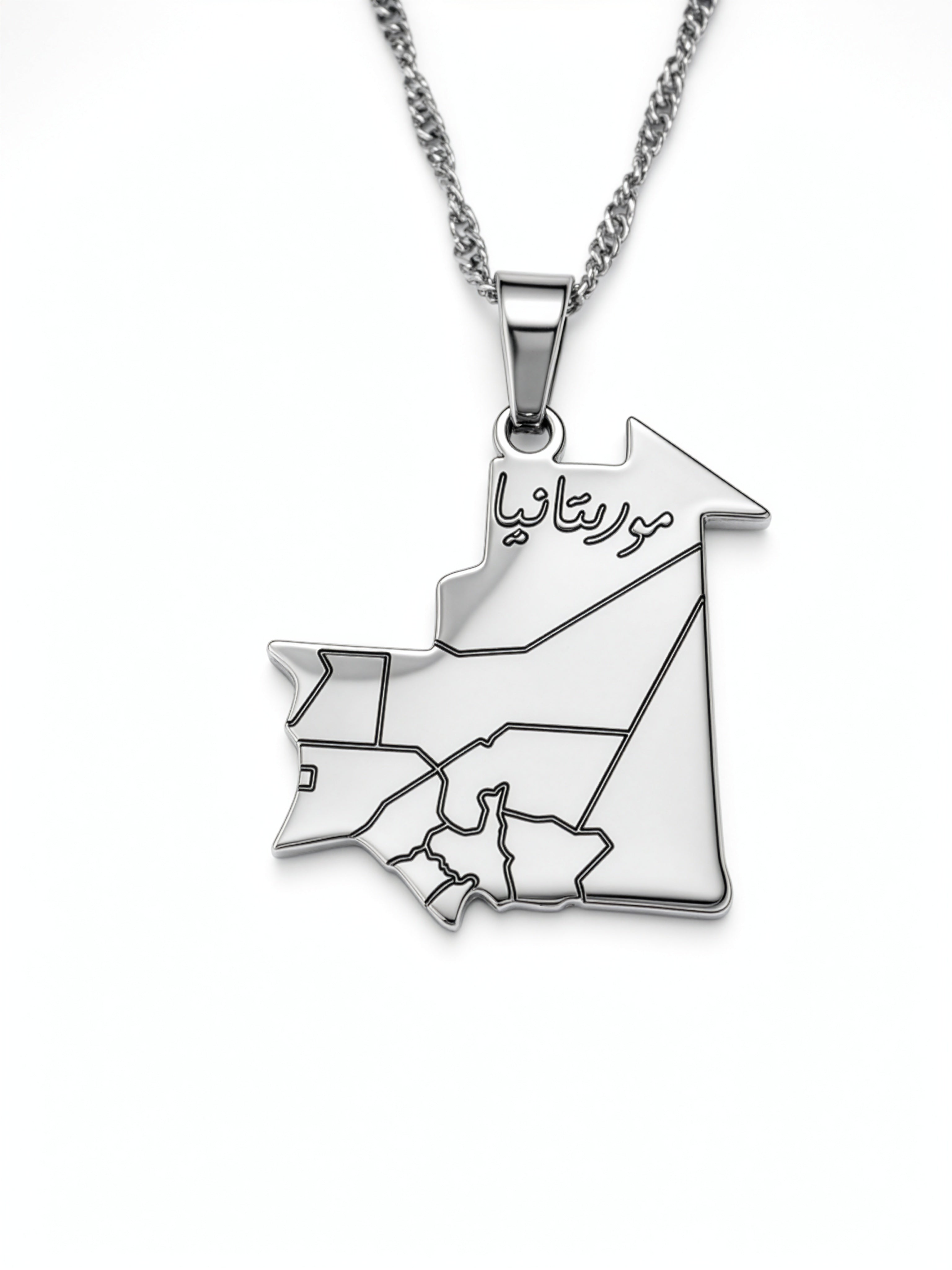 Silver plated Mauritania map necklace with Arabic engraving on the pendant and a linked chain from KIRO UK for proud cultural wear