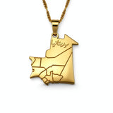 Gold plated Mauritania map necklace with Arabic engraving on the pendant from KIRO UK
