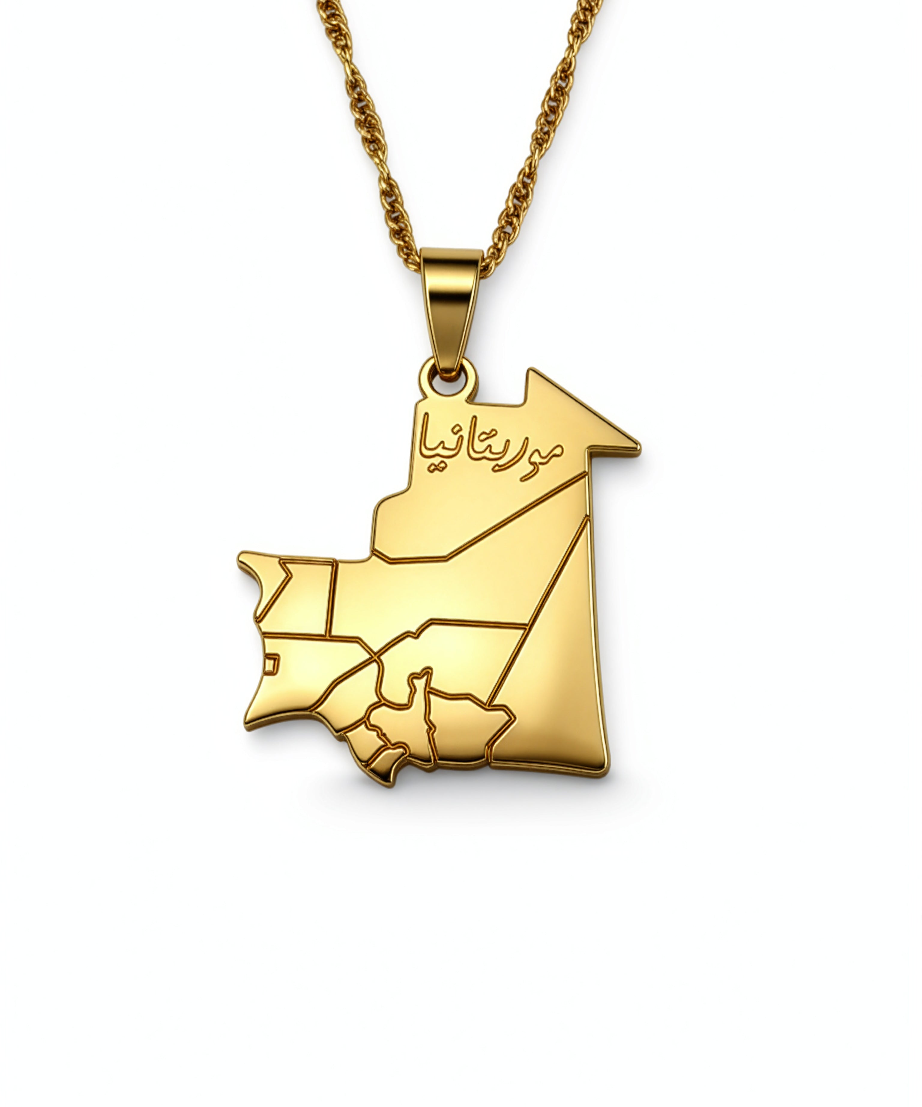 Gold plated Mauritania map necklace with Arabic engraving on the pendant from KIRO UK