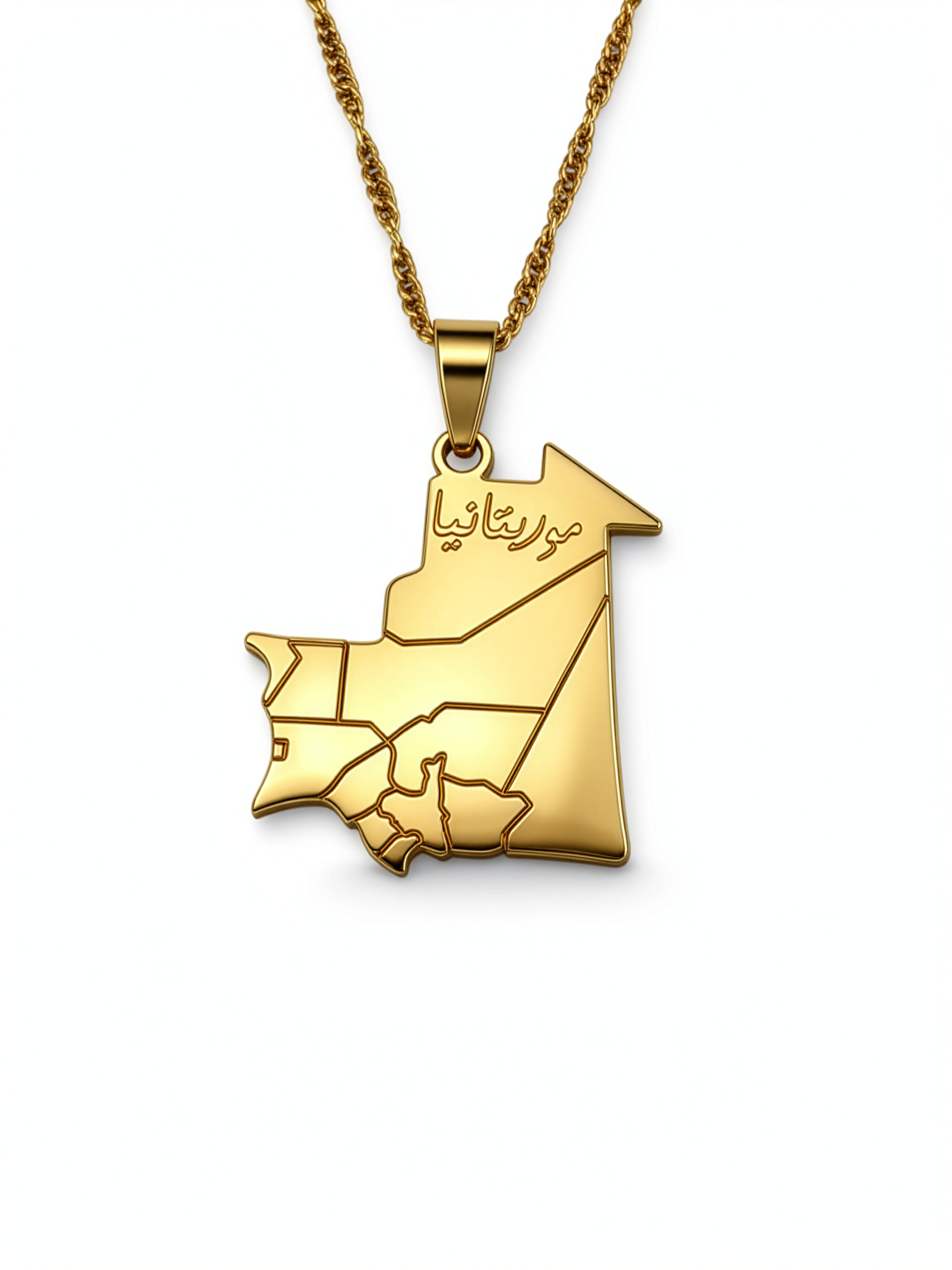 Gold plated Mauritania map necklace with Arabic engraving on the pendant from KIRO UK