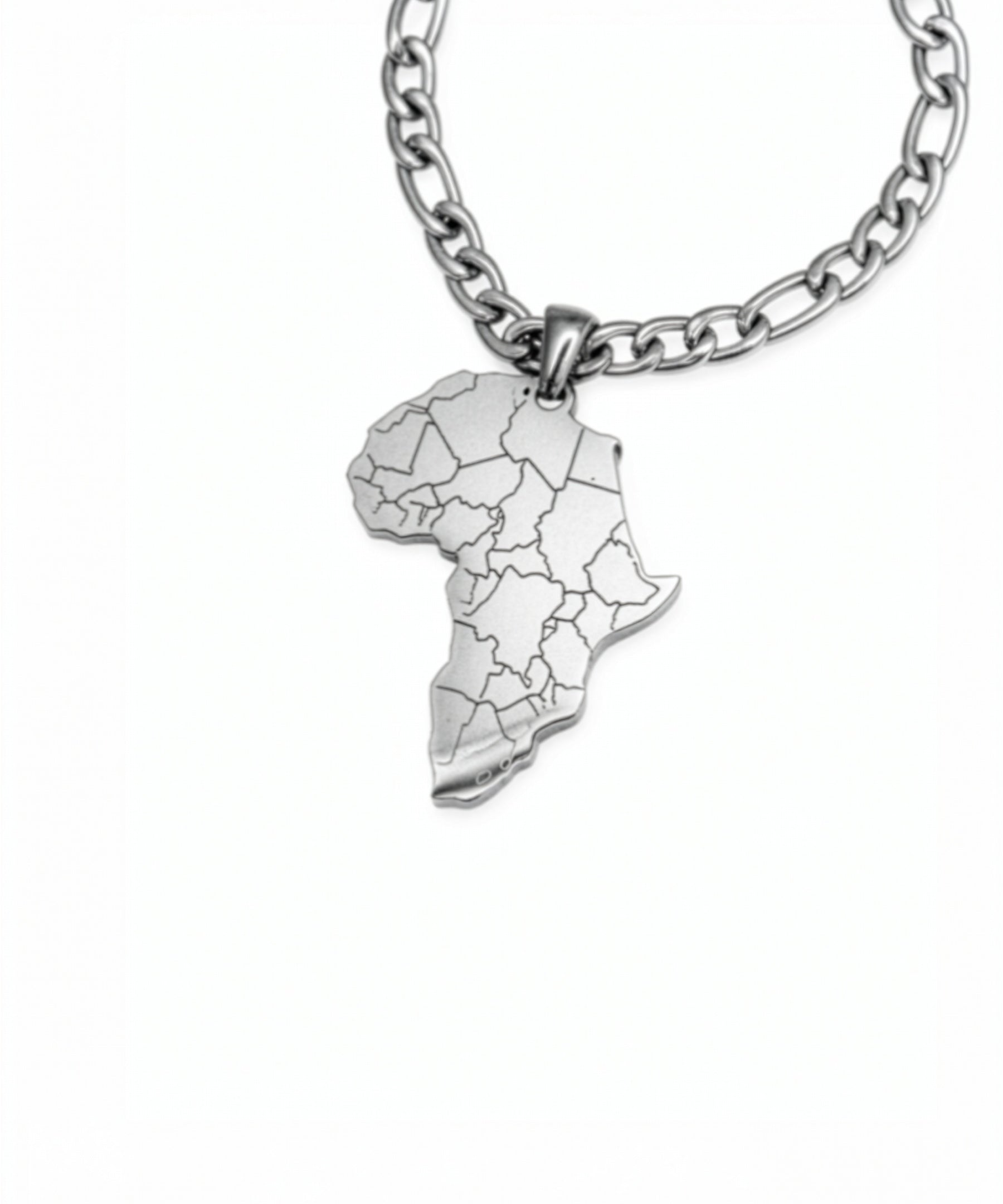 Silver Africa map pendant necklace on a figaro chain by KIRO UK with sterling silver plating over stainless steel for a bold heritage inspired look