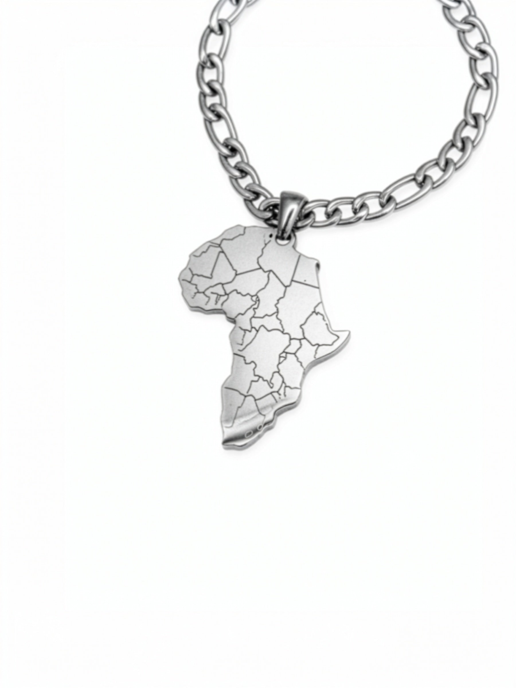 Silver Africa map pendant necklace on a figaro chain by KIRO UK with sterling silver plating over stainless steel for a bold heritage inspired look