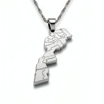 Morocco map pendant necklace in silver plated stainless steel with detailed map lines and textured chain celebrating Moroccan heritage