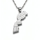 Morocco map pendant necklace in silver plated stainless steel with detailed map lines and textured chain celebrating Moroccan heritage