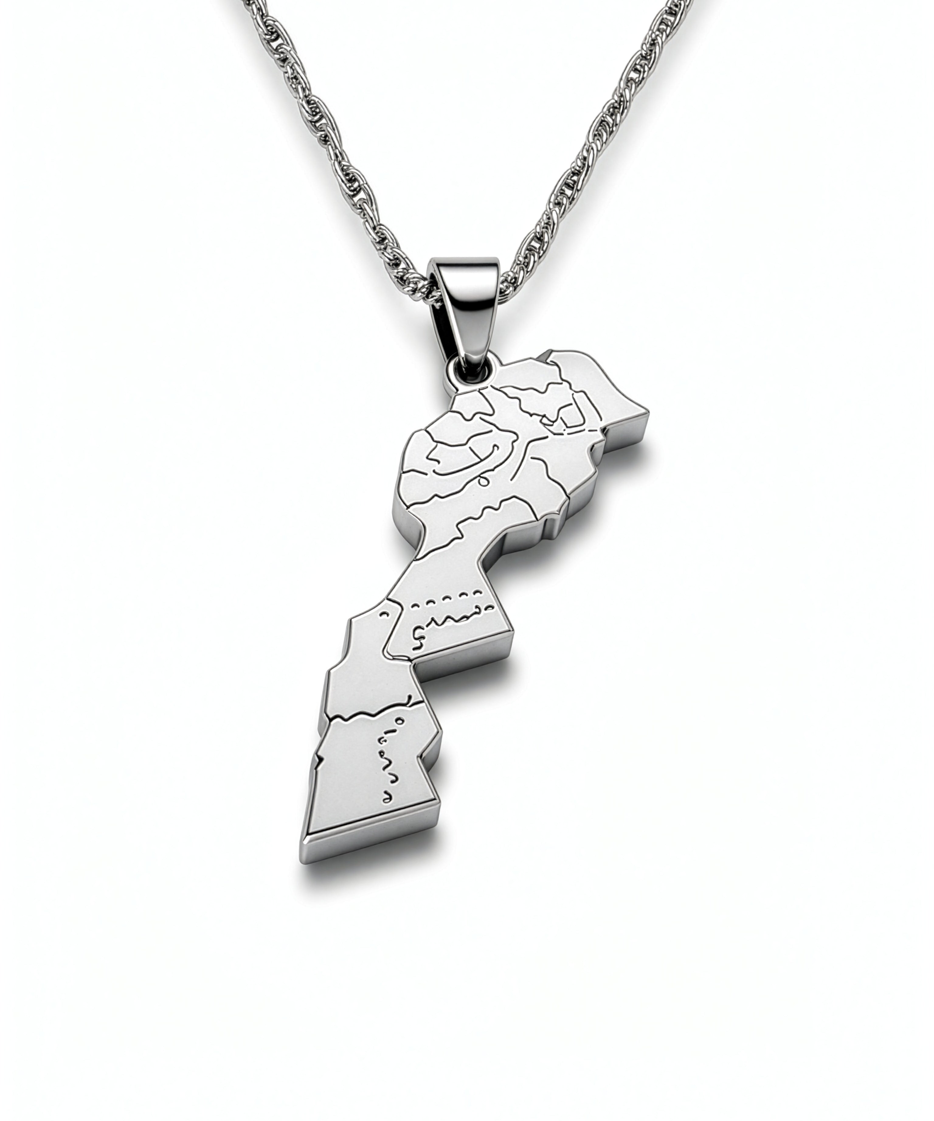 Morocco map pendant necklace in silver plated stainless steel with detailed map lines and textured chain celebrating Moroccan heritage