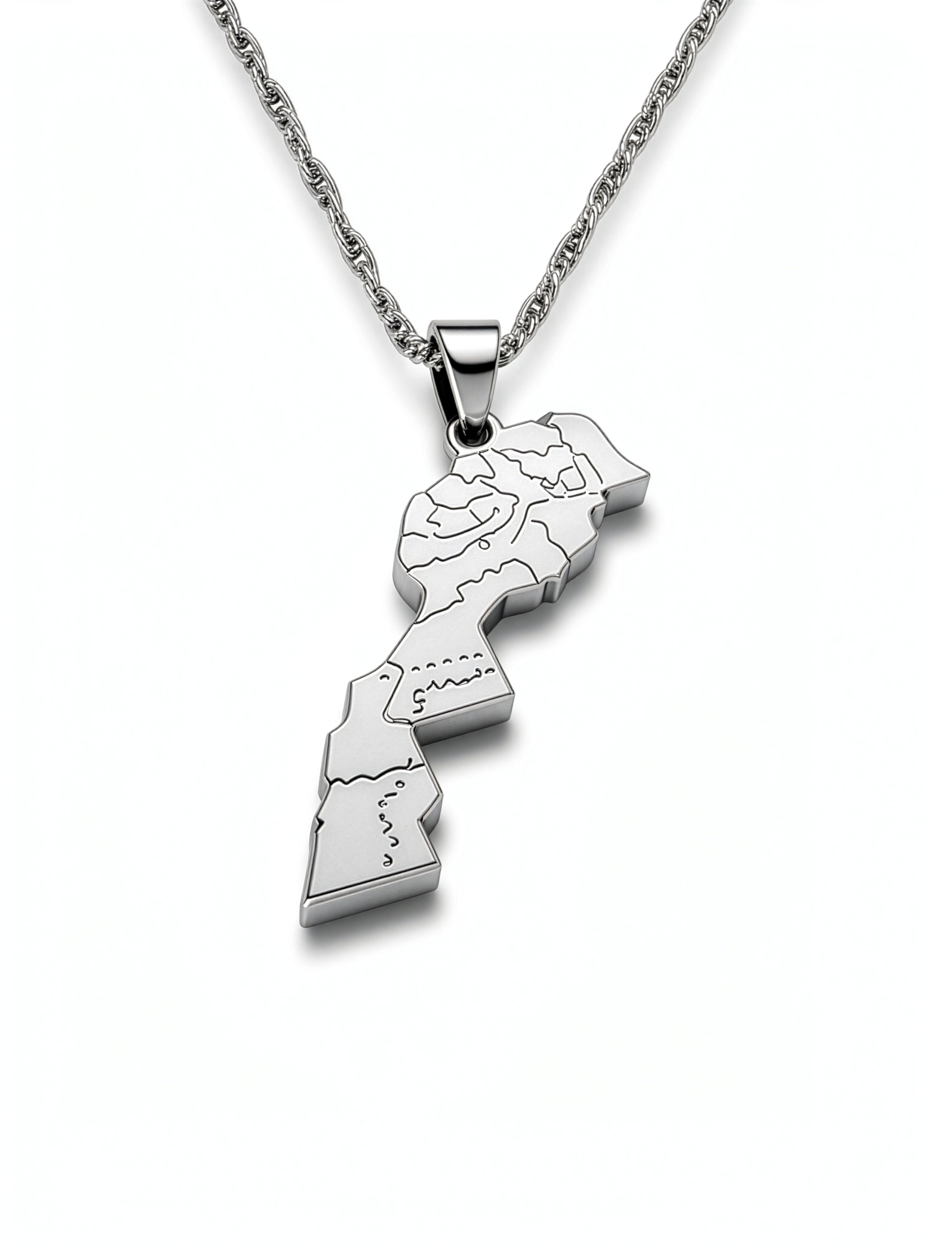 Morocco map pendant necklace in silver plated stainless steel with detailed map lines and textured chain celebrating Moroccan heritage
