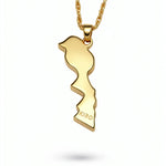 Gold plated Morocco map pendant necklace with KIRO engraving and linked chain a heritage inspired statement necklace from KIRO UK