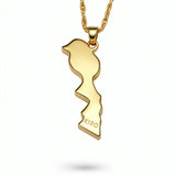 Gold plated Morocco map pendant necklace with KIRO engraving and linked chain a heritage inspired statement necklace from KIRO UK