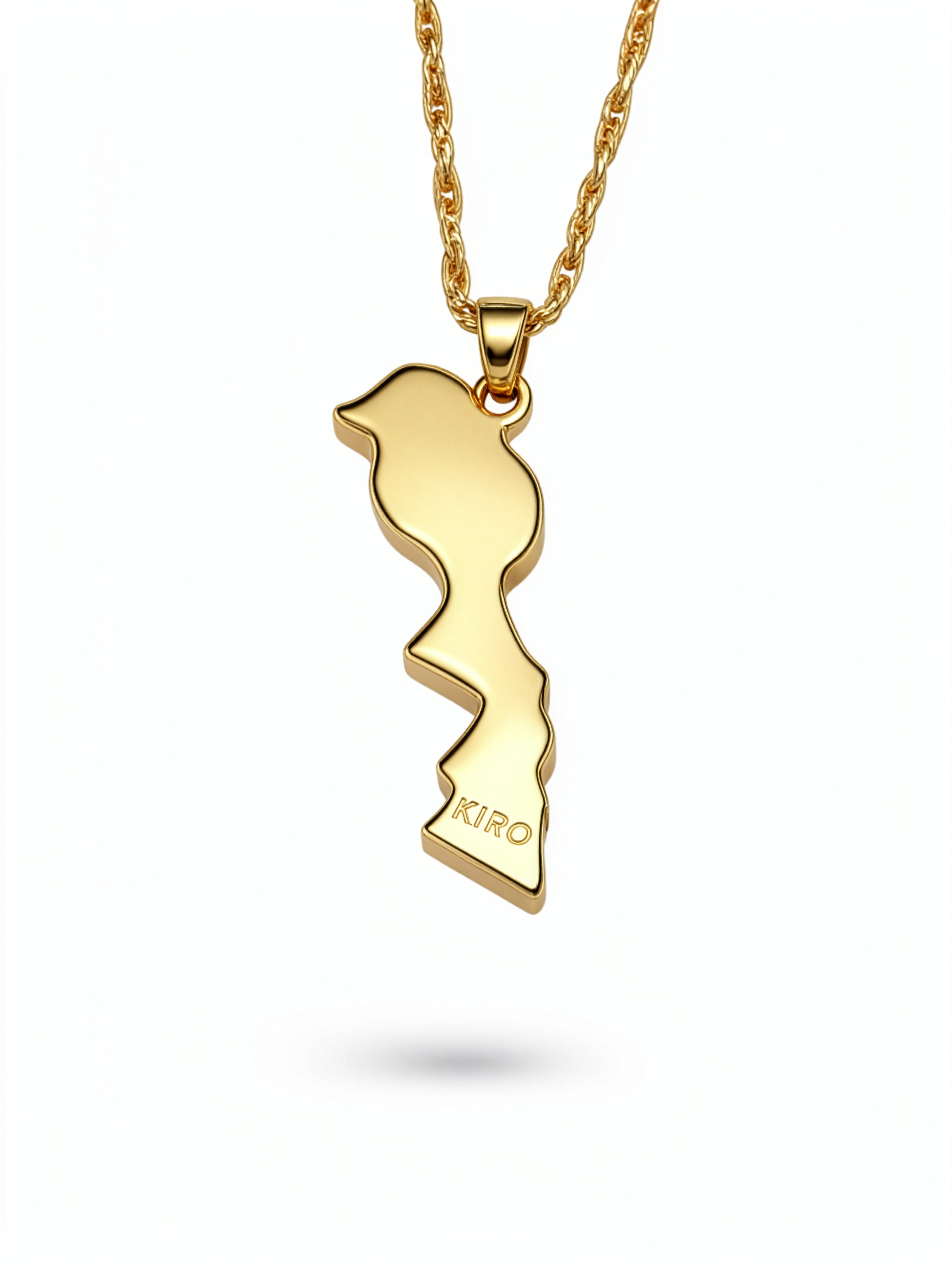 Gold plated Morocco map pendant necklace with KIRO engraving and linked chain a heritage inspired statement necklace from KIRO UK