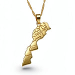 Morocco map necklace in gold plated metal with Arabic engraving on a linked chain by KIRO UK