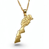 Morocco map necklace in gold plated metal with Arabic engraving on a linked chain by KIRO UK