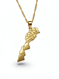 Morocco map necklace in gold plated metal with Arabic engraving on a linked chain by KIRO UK
