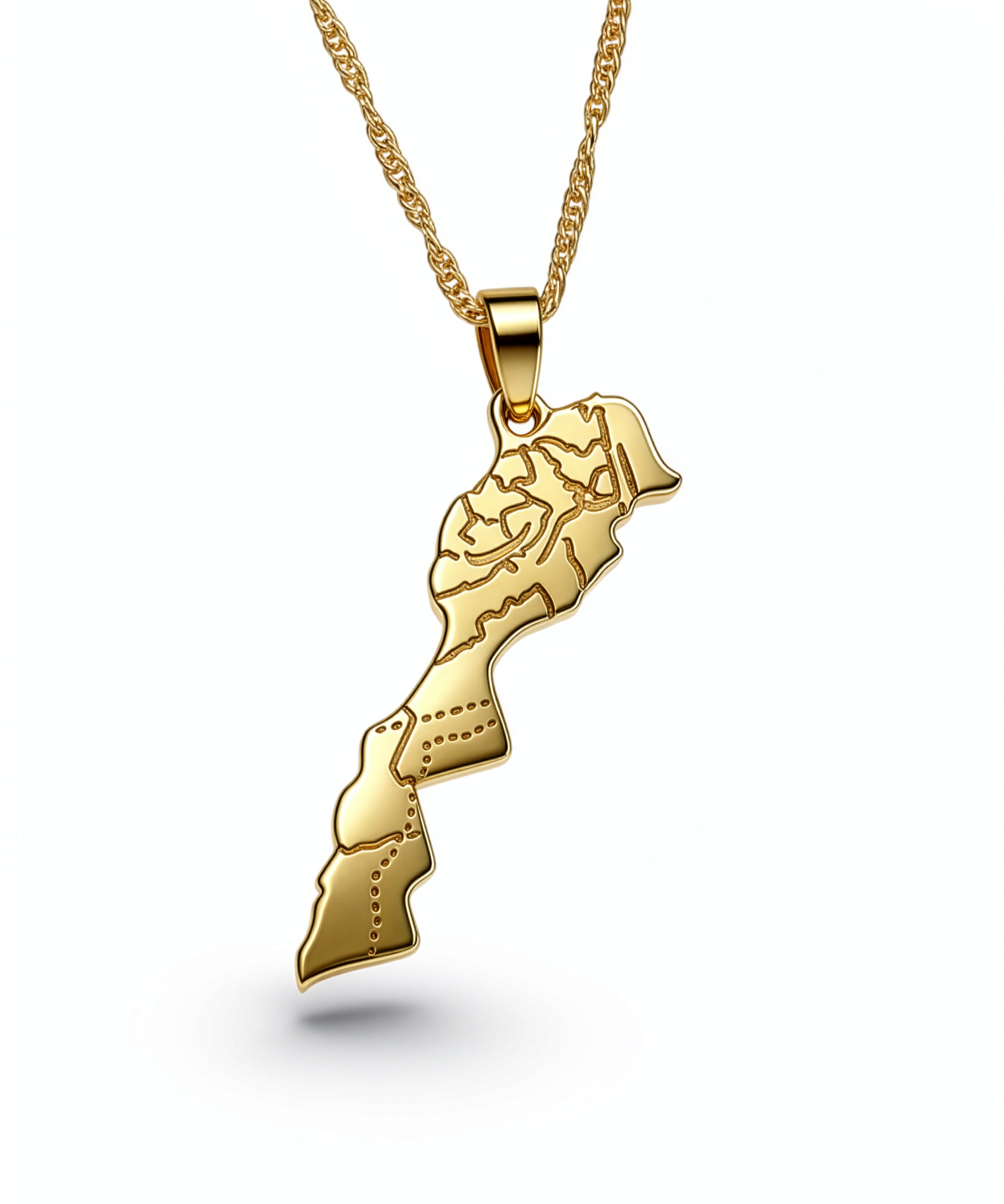 Morocco map necklace in gold plated metal with Arabic engraving on a linked chain by KIRO UK