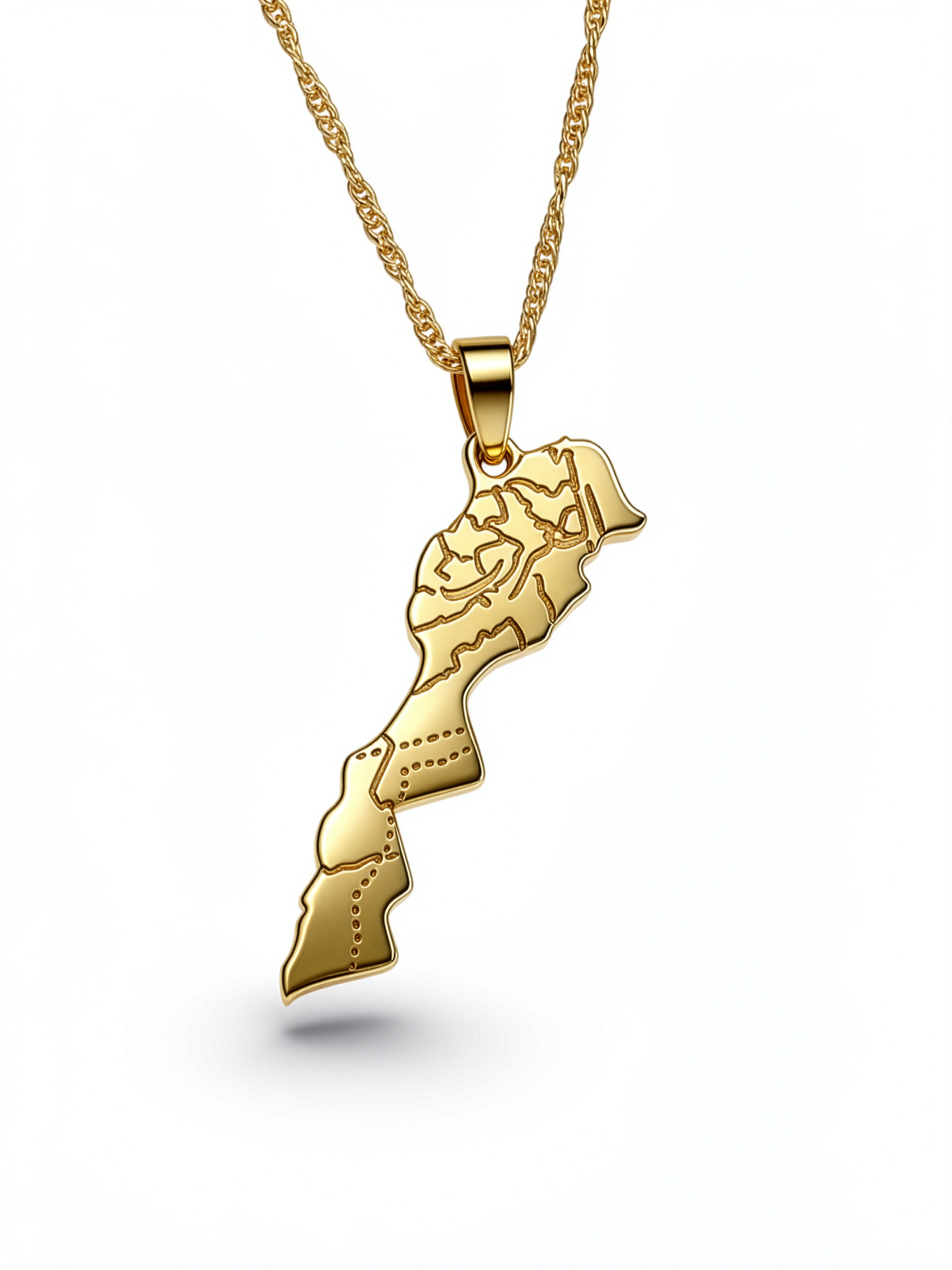 Morocco map necklace in gold plated metal with Arabic engraving on a linked chain by KIRO UK