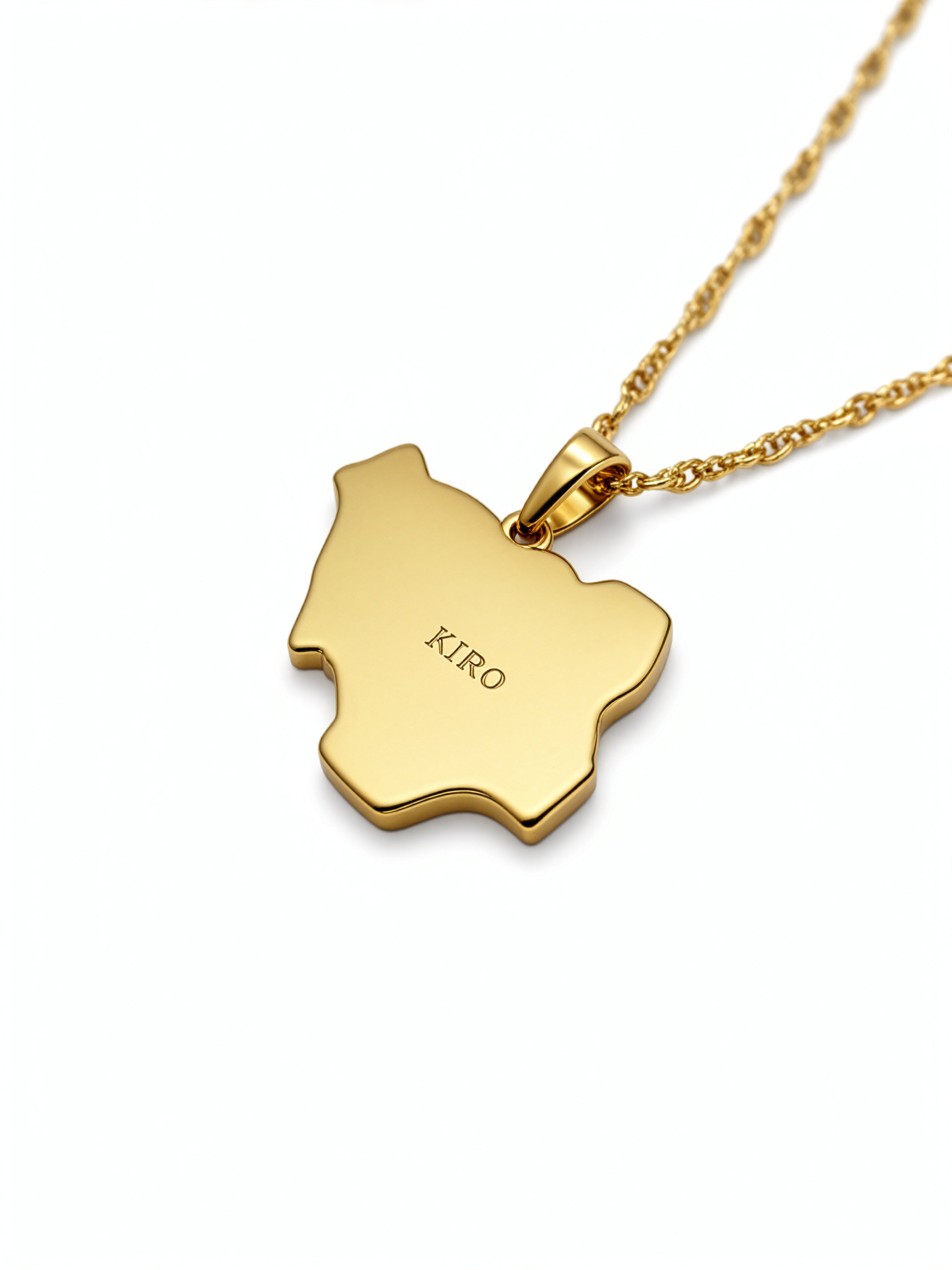 18k Gold Plated necklace of the map of Nigeria. the back of the necklace is plain with "KIRO" engraved.