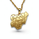 18k Gold Plated necklace of the map of Nigeria. "Nigeria" is written in the middle with all the cities engraved. the pendant hangs on a water wave chain.