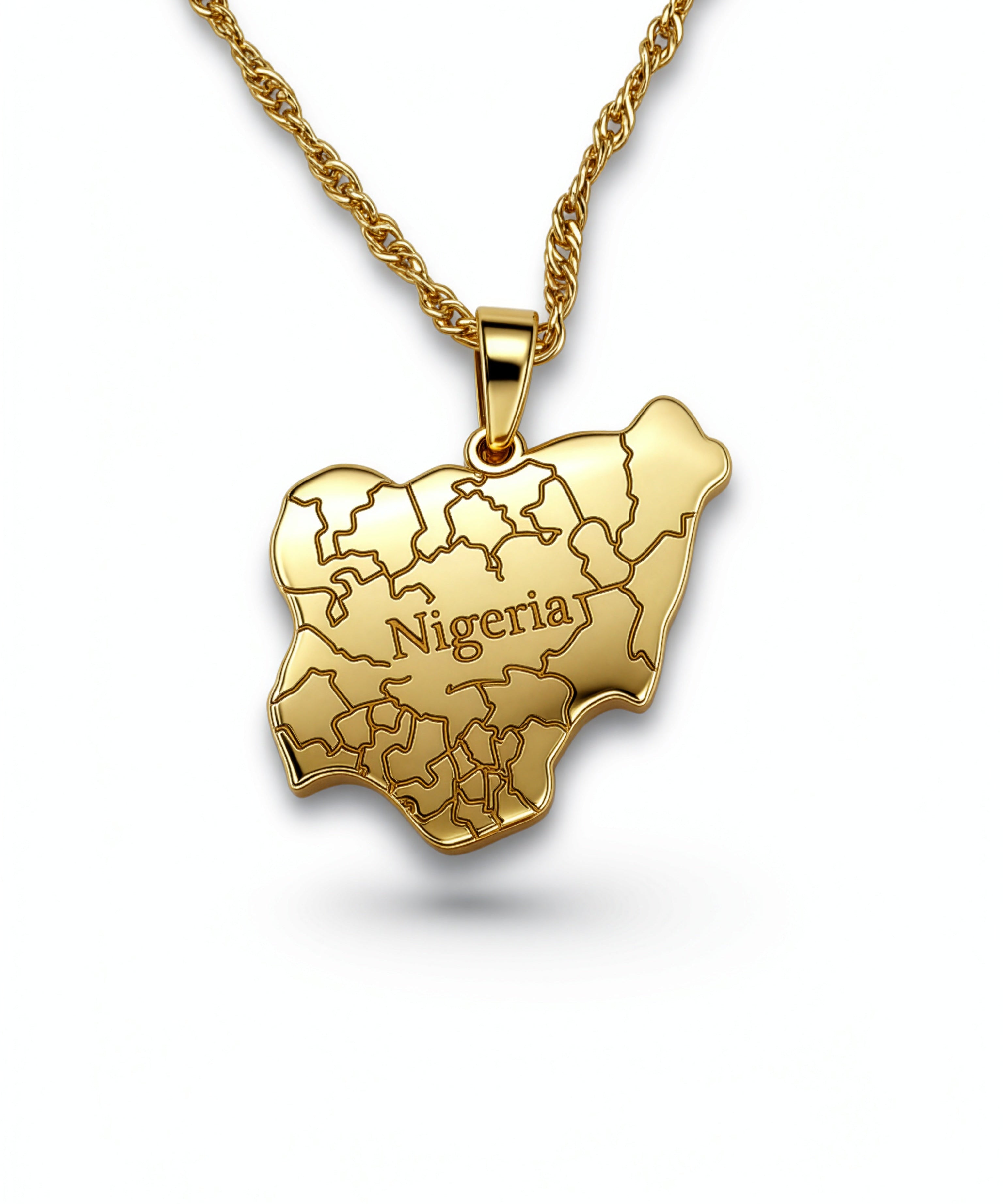18k Gold Plated necklace of the map of Nigeria. "Nigeria" is written in the middle with all the cities engraved. the pendant hangs on a water wave chain.