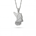 Silver plated Nubia map necklace with engraved Nubian lettering on a chain by KIRO UK