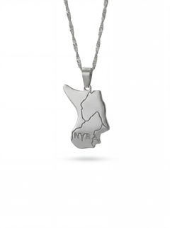 Silver plated Nubia map necklace with engraved Nubian lettering on a chain by KIRO UK