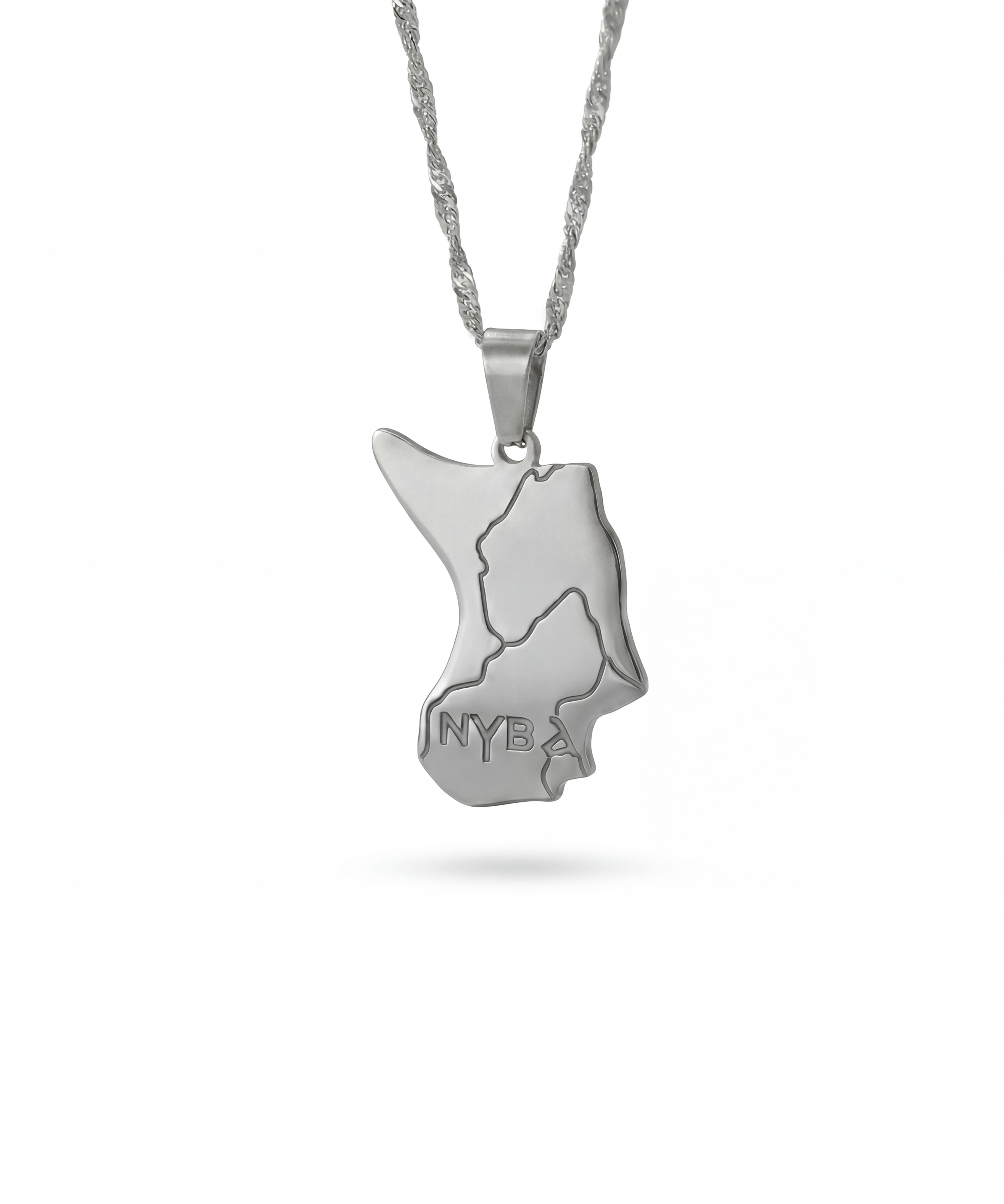 Silver plated Nubia map necklace with engraved Nubian lettering on a chain by KIRO UK