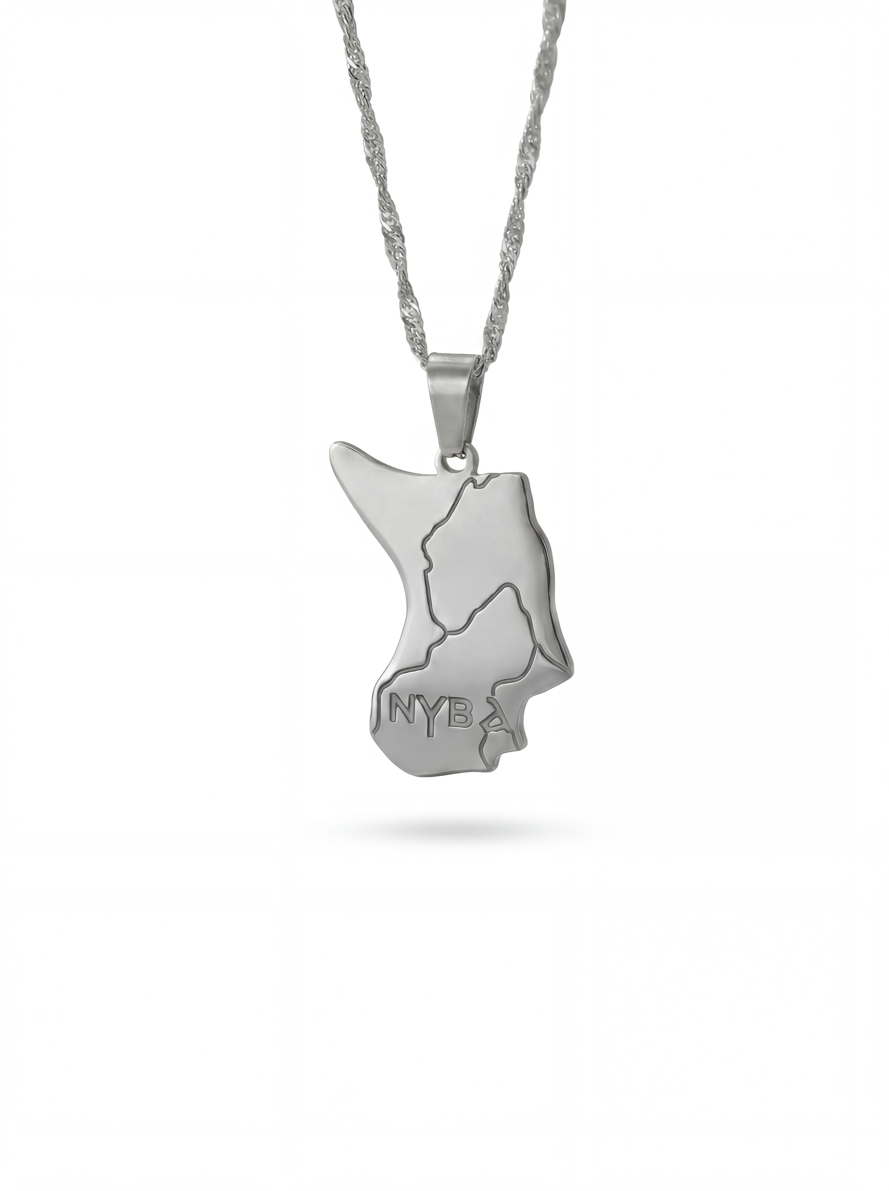 Silver plated Nubia map necklace with engraved Nubian lettering on a chain by KIRO UK