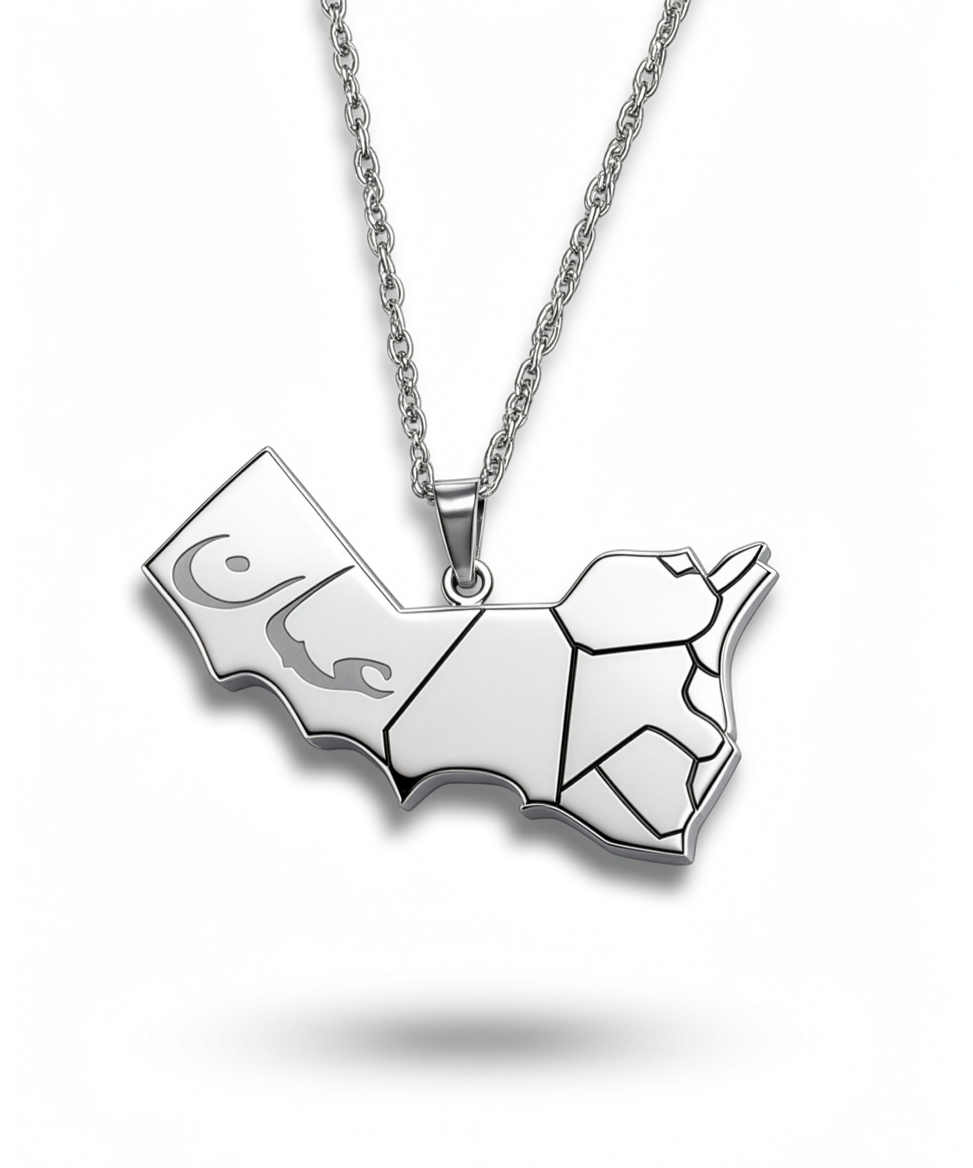 Silver plated Oman map necklace on a chain with Arabic engraving across the pendant for a meaningful expression of Middle Eastern national pride