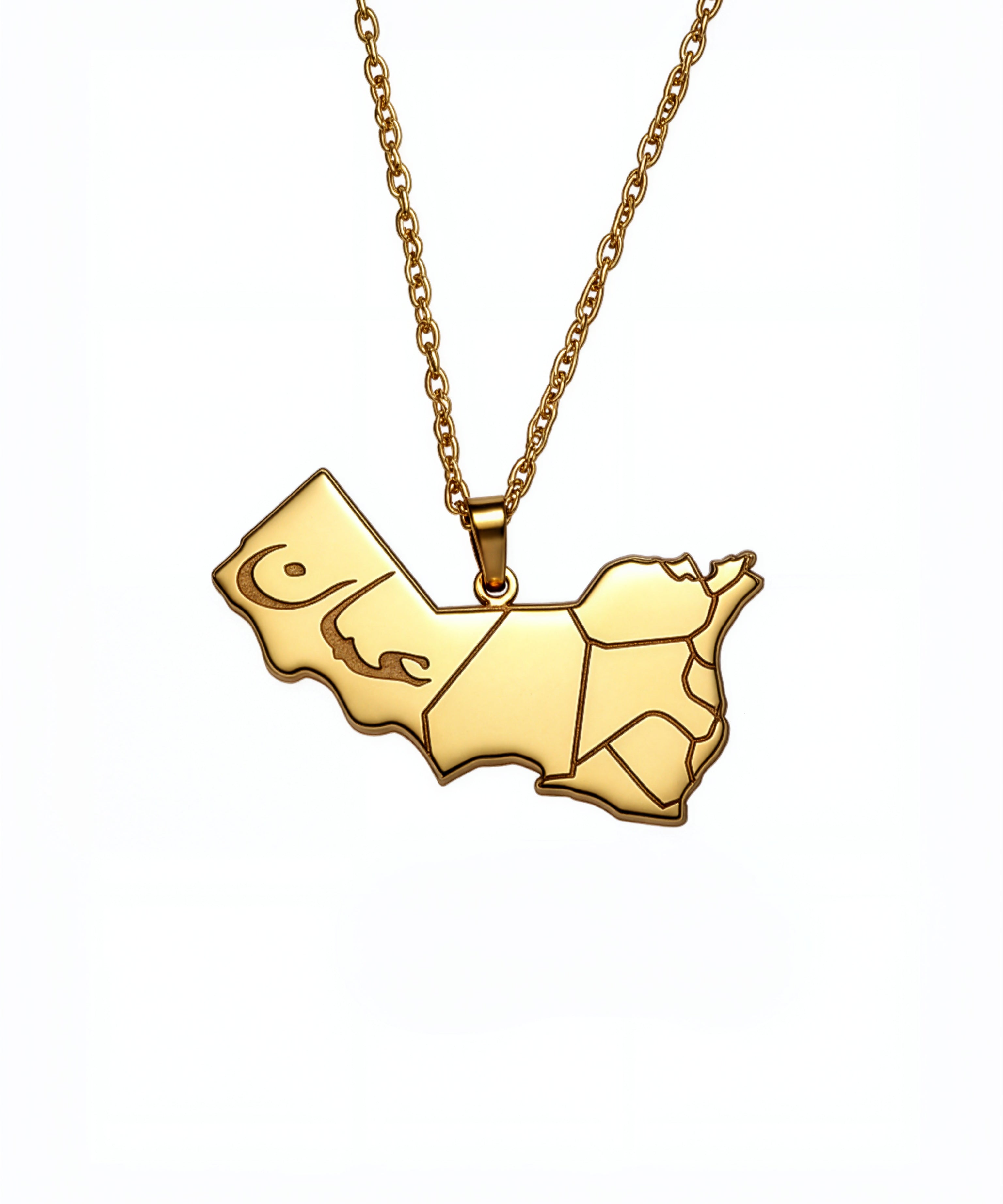 Gold tone Oman map necklace with Arabic engraving on the pendant and a chain by KIRO UK celebrating Omani heritage