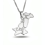 Silver plated Pakistan map necklace with Urdu lettering on the pendant and a chain representing national pride