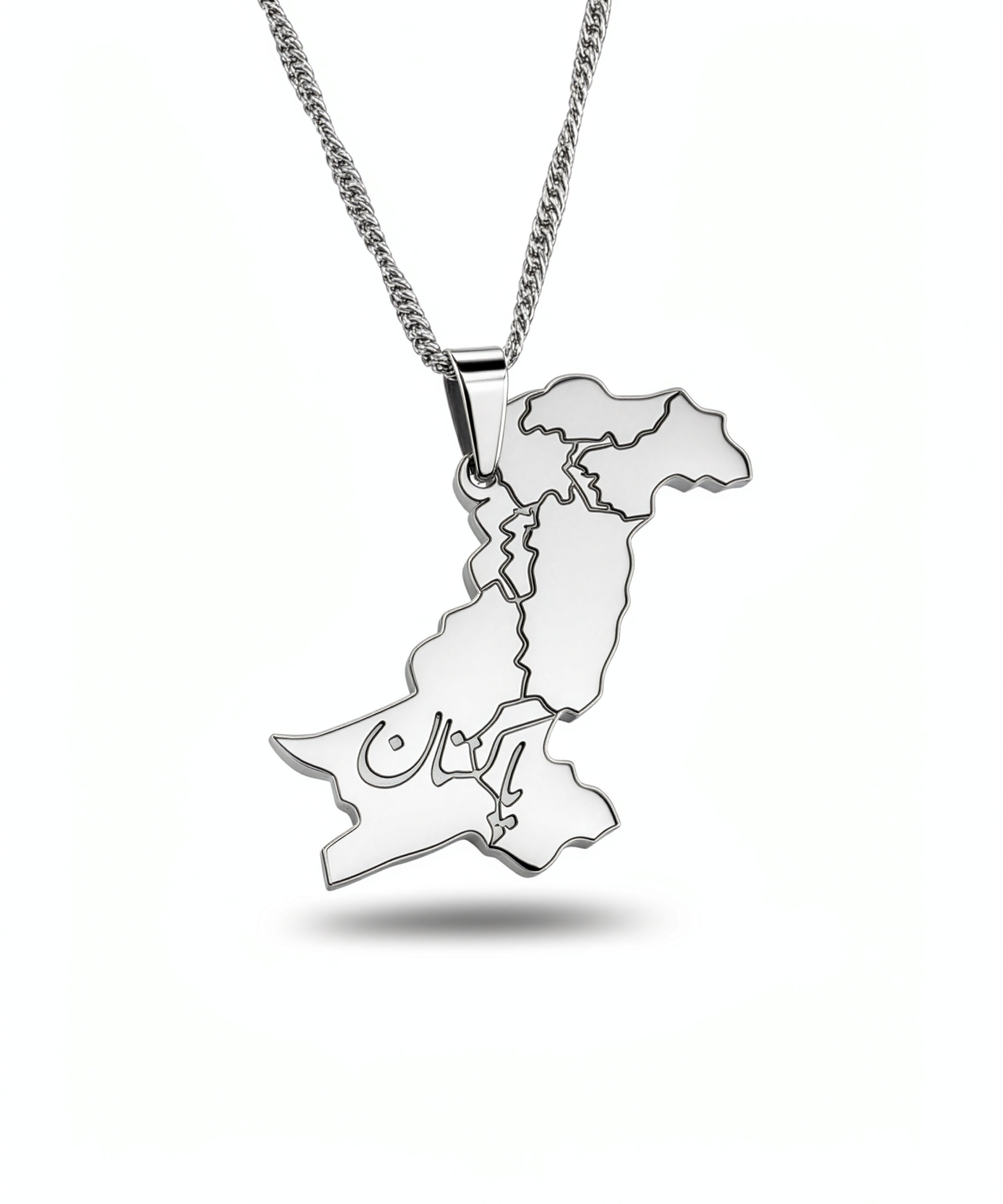Silver plated Pakistan map necklace with Urdu lettering on the pendant and a chain representing national pride