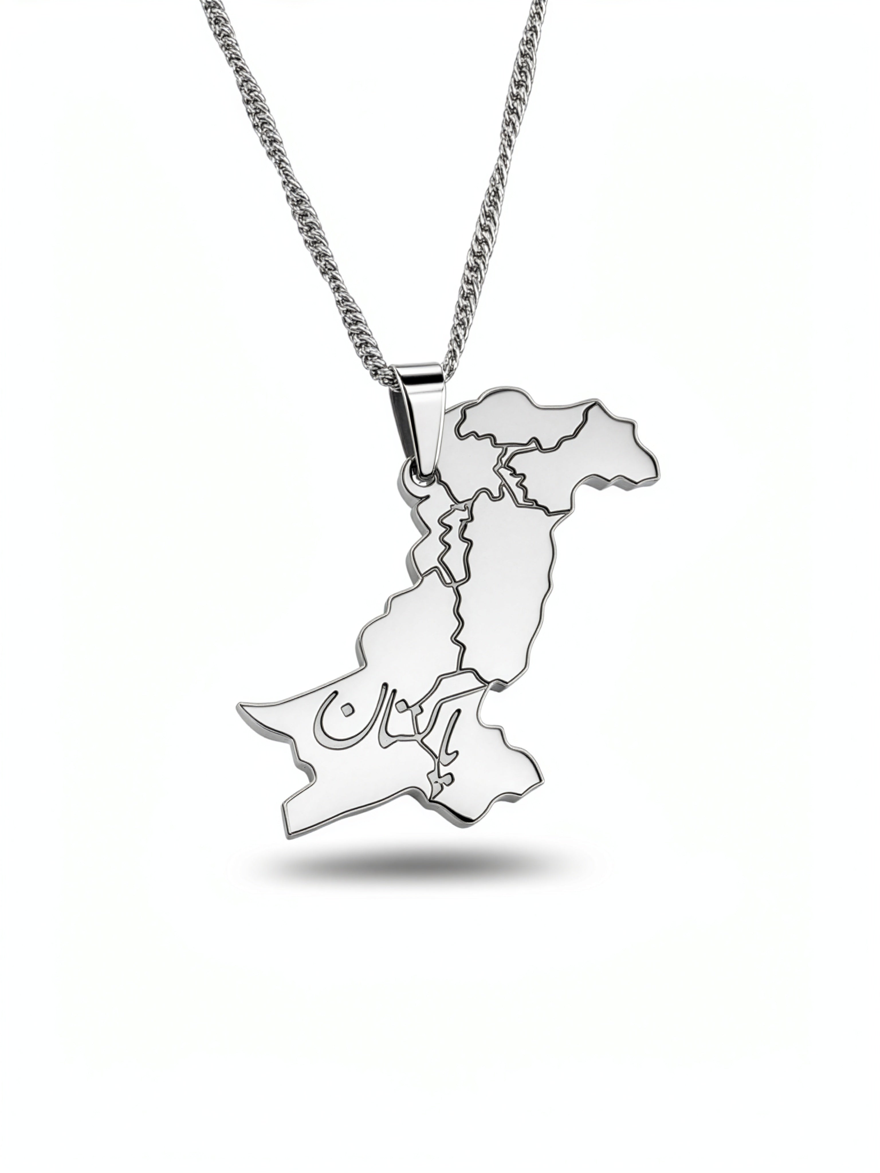 Silver plated Pakistan map necklace with Urdu lettering on the pendant and a chain representing national pride