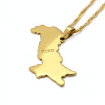 Gold plated Pakistan map necklace with a polished pendant on a matching chain featuring KIRO engraving from KIRO UK