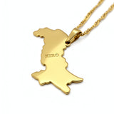 Gold plated Pakistan map necklace with a polished pendant on a matching chain featuring KIRO engraving from KIRO UK