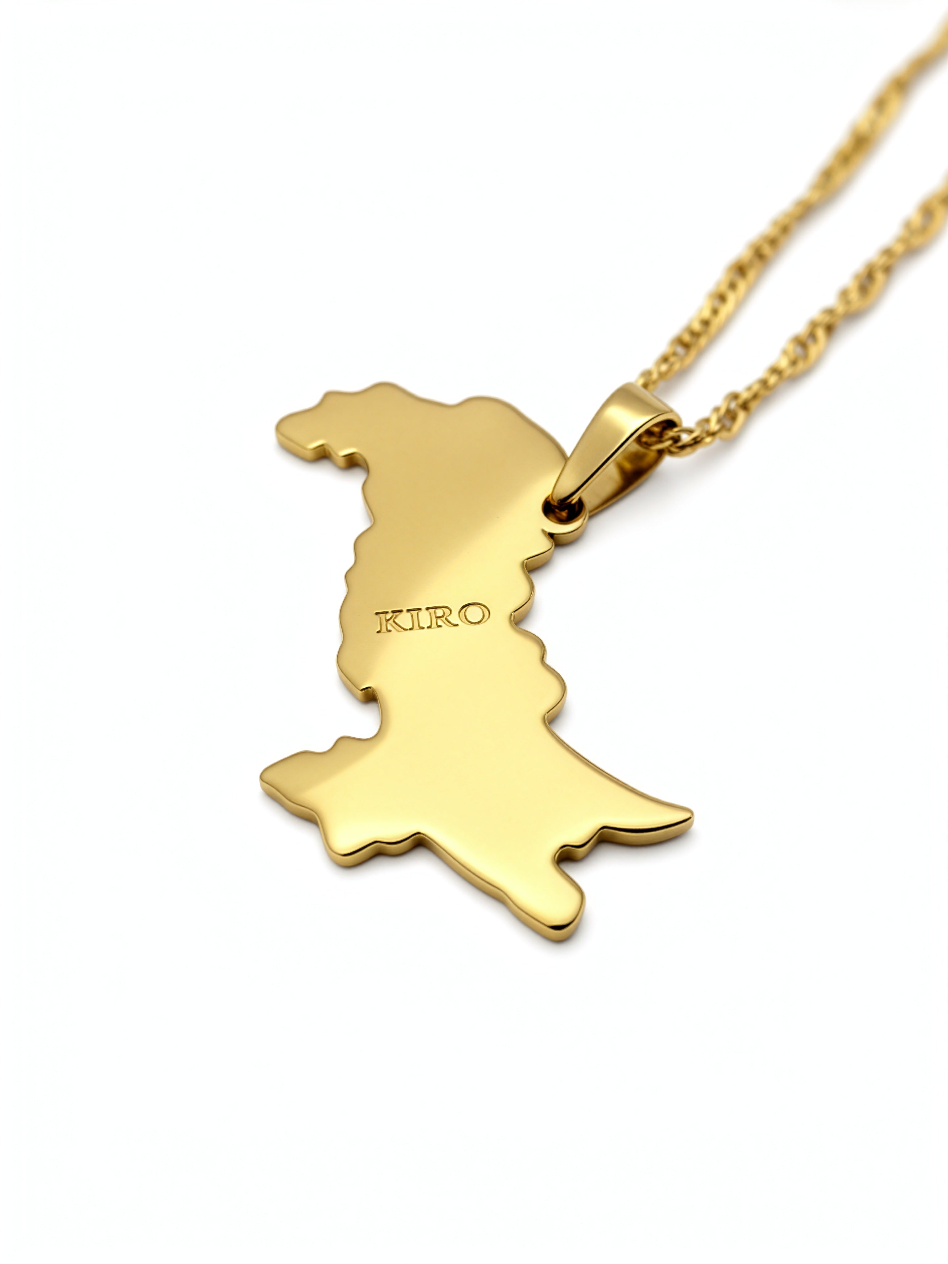 Gold plated Pakistan map necklace with a polished pendant on a matching chain featuring KIRO engraving from KIRO UK