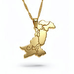 Gold plated Pakistan map necklace with Urdu lettering on a textured chain pendant celebrating Pakistani heritage