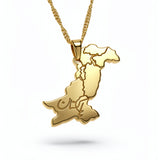 Gold plated Pakistan map necklace with Urdu lettering on a textured chain pendant celebrating Pakistani heritage