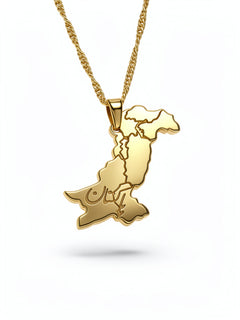 Gold plated Pakistan map necklace with Urdu lettering on a textured chain pendant celebrating Pakistani heritage
