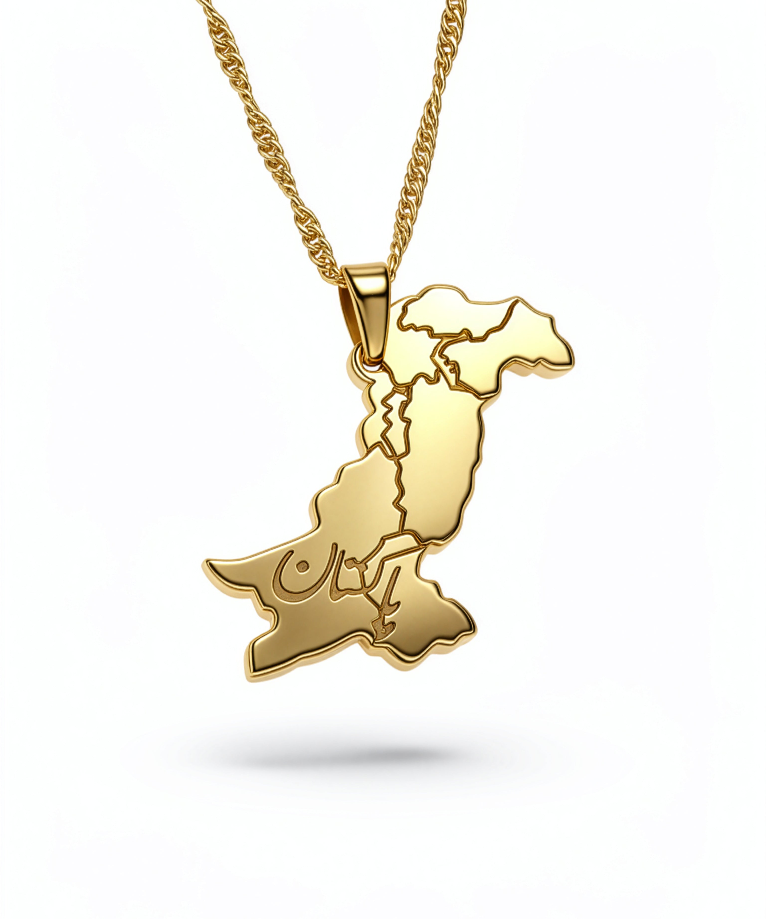 Gold plated Pakistan map necklace with Urdu lettering on a textured chain pendant celebrating Pakistani heritage